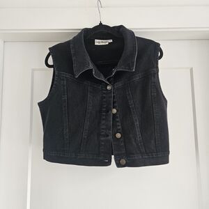 Vintage Leigh Morgan Black Denim Vest Cropped - Medium